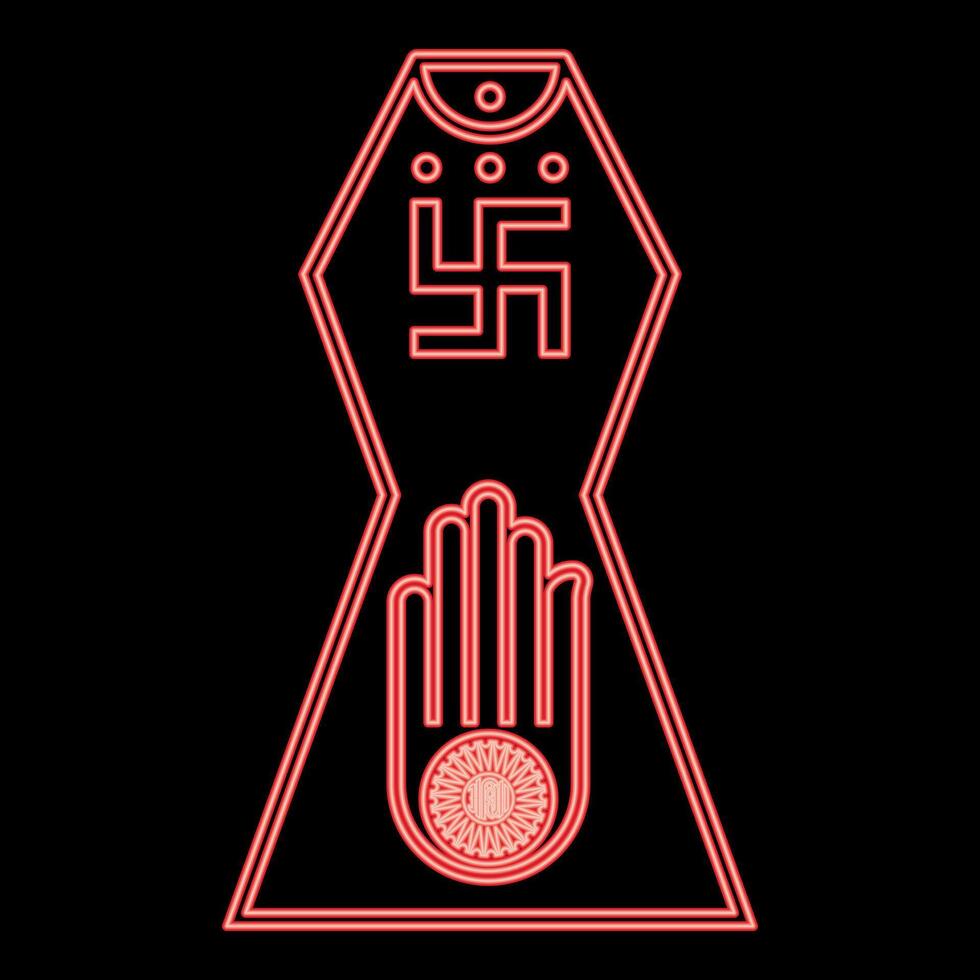 Neon symbol Jainism emblem Jain Prateek Chihna Hand Akhimsa Ahimsa arm religion Dharma Ahinsa Mahavir Jayanti red style vector
