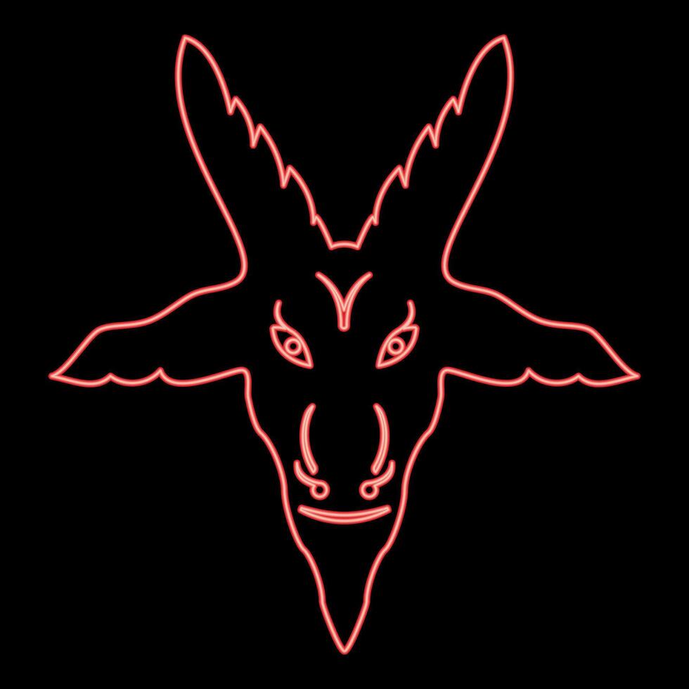 Neon head goat Symbol Satanism of Lavaeus Sigil of Baphomet sign red color style vector