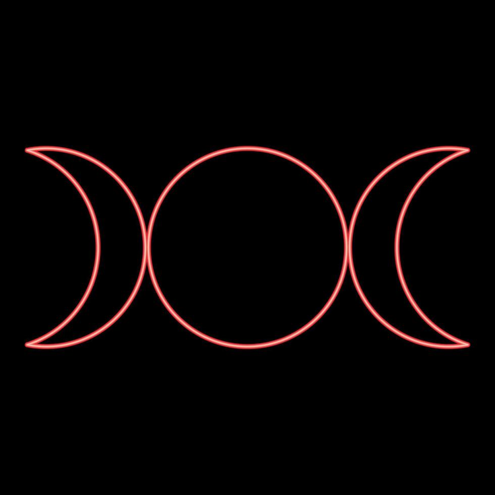 Neon simbol triple goddess religious sign moon phases wiccan red color style vector