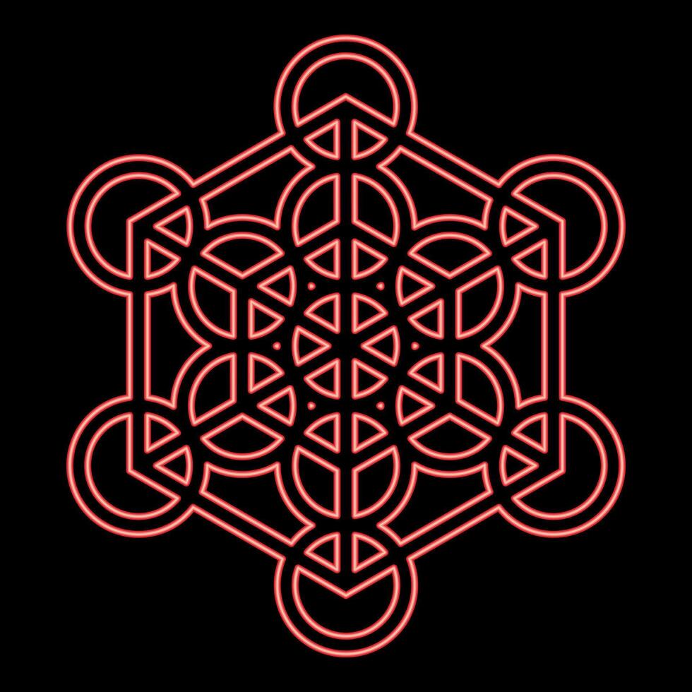Neon metatron cube Sacred geometry red color vector