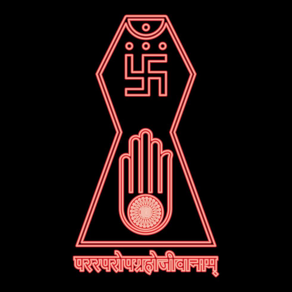 Neon symbol Jainism emblem Jain Prateek Chihna Hand Akhimsa Ahimsa arm religion Dharma Ahinsa Mahavir Jayanti red color style vector