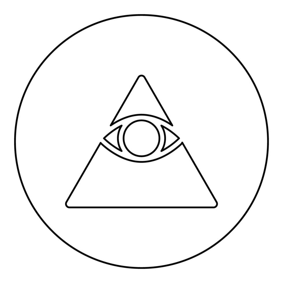 Kao Give all seeing eye in pyramid inside triangle Illuminati symbol Masonic icon in circle round black color outline contour line vector