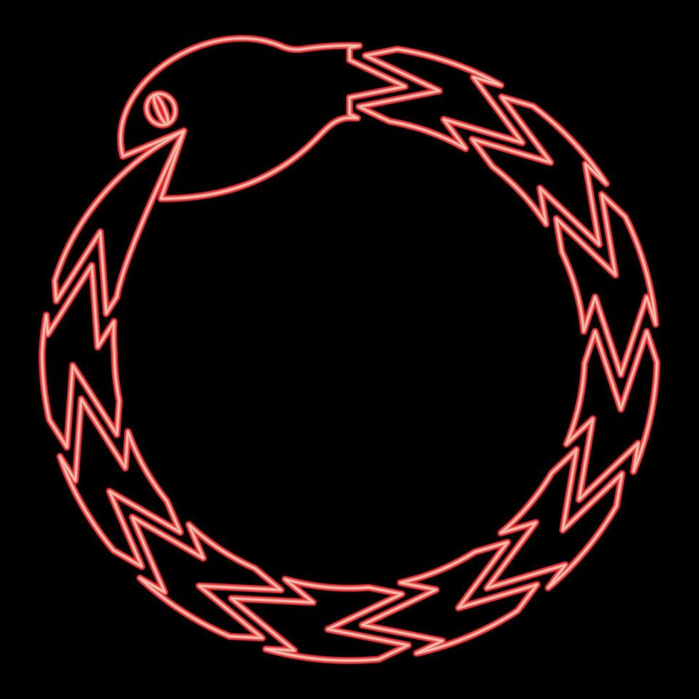 Neon uroboros Zhulong snake eating own tail coiled in ring Ouroboros serpent red color style vector