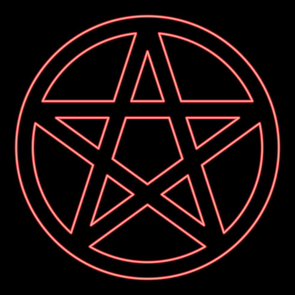 Neon pentakl Neopagan Wicca Pentacle Neo paganism sign five pointed star in circle inside round Pentagram magic symbol red vector