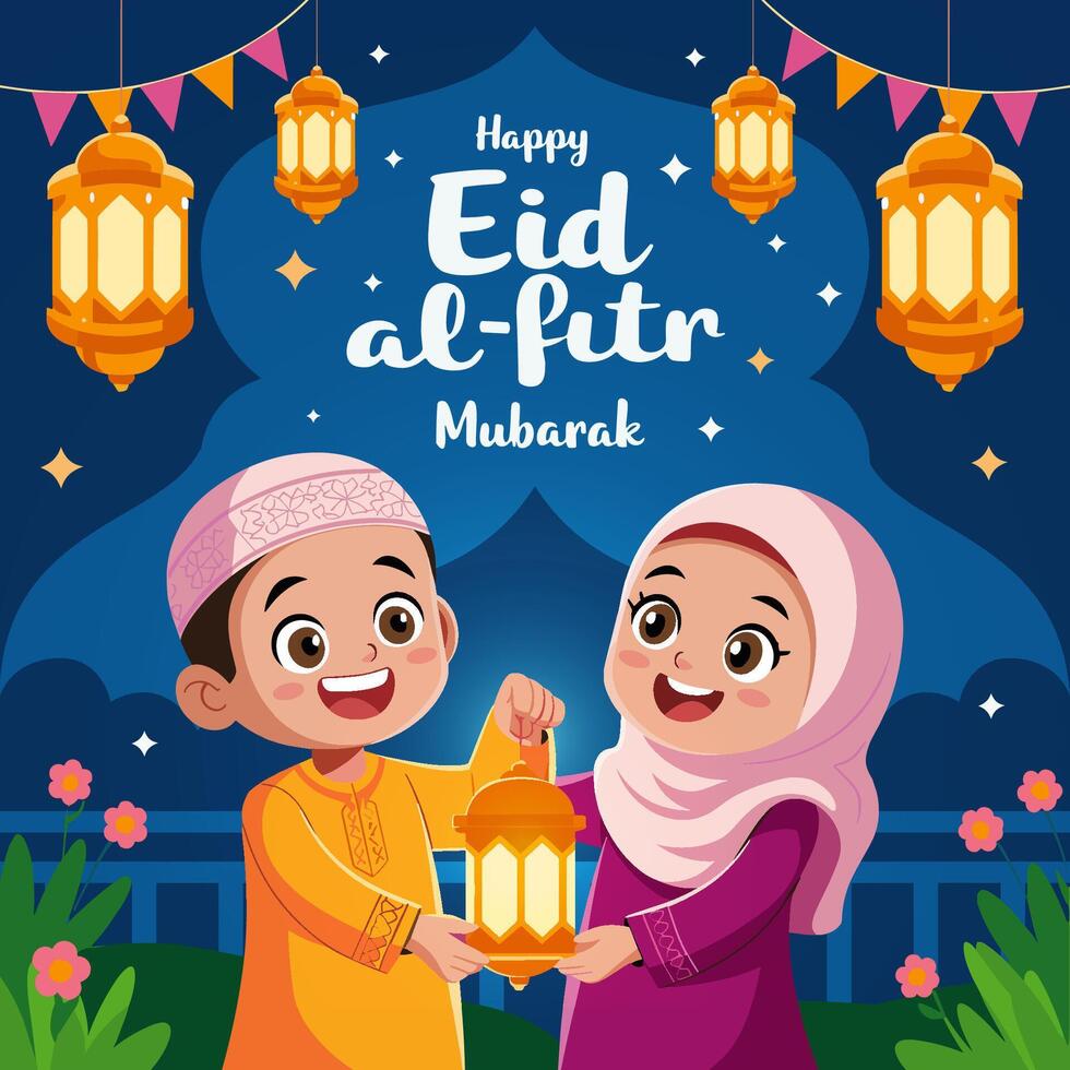 eid al-fitr muslim children illustration vector