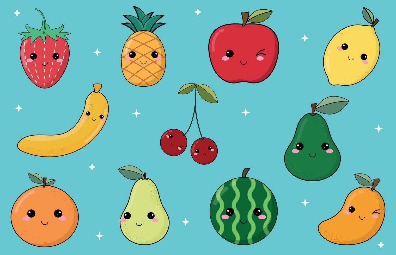 Cute Fresh Fruit Collection Strawberry Pineapple Apple Lemon Banana Cherry Avocado Orange Pear Watermelon Mango vector