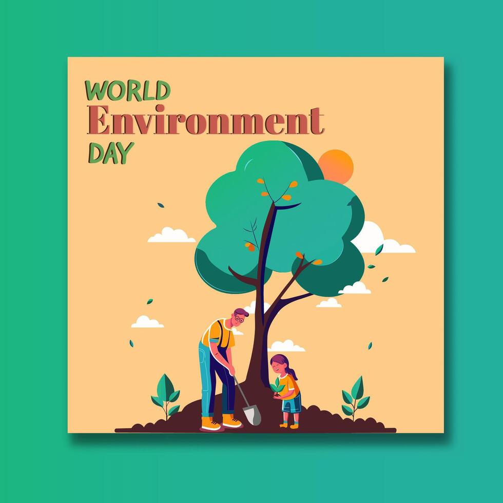World Environment Day Post with a Father and Daughter Together Planting for Healthy Life vector