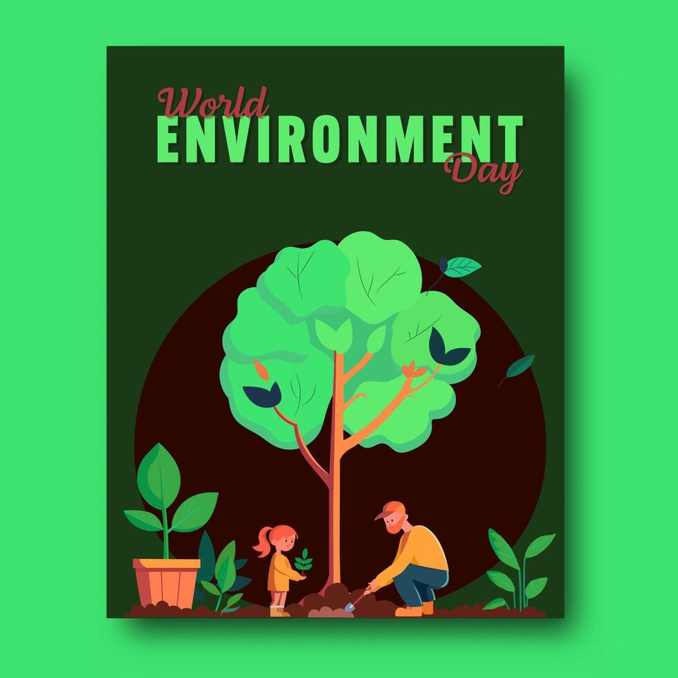 World Environment Day Post with a Father and Daughter Planting for Healthy Life or Save Future.. vector