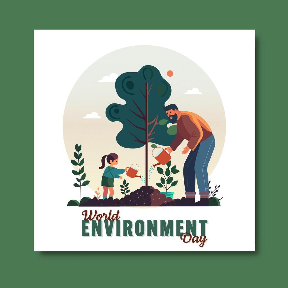 World Environment Day Post with a Father and Daughter Together Watering on Plant for Healthy Life or Save Future. vector
