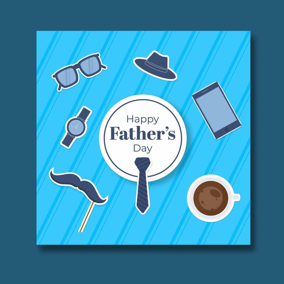 Happy Father's Day Post Card with Father's Accessories on Blue Striped Background Illustration. vector