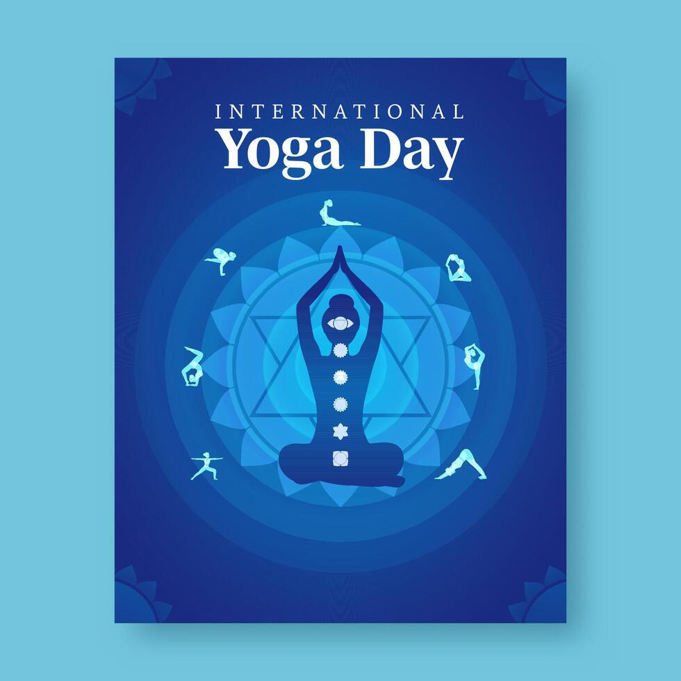 International Yoga Day Post with Silhouette Illustration of Women's Doing Yoga in Different Pose on Blue Background. vector