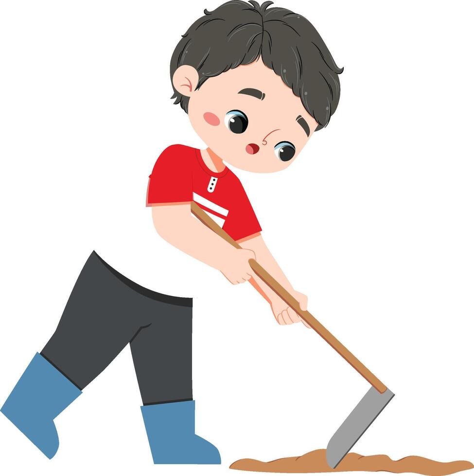adorable asian boy hoeing the ground.eps vector