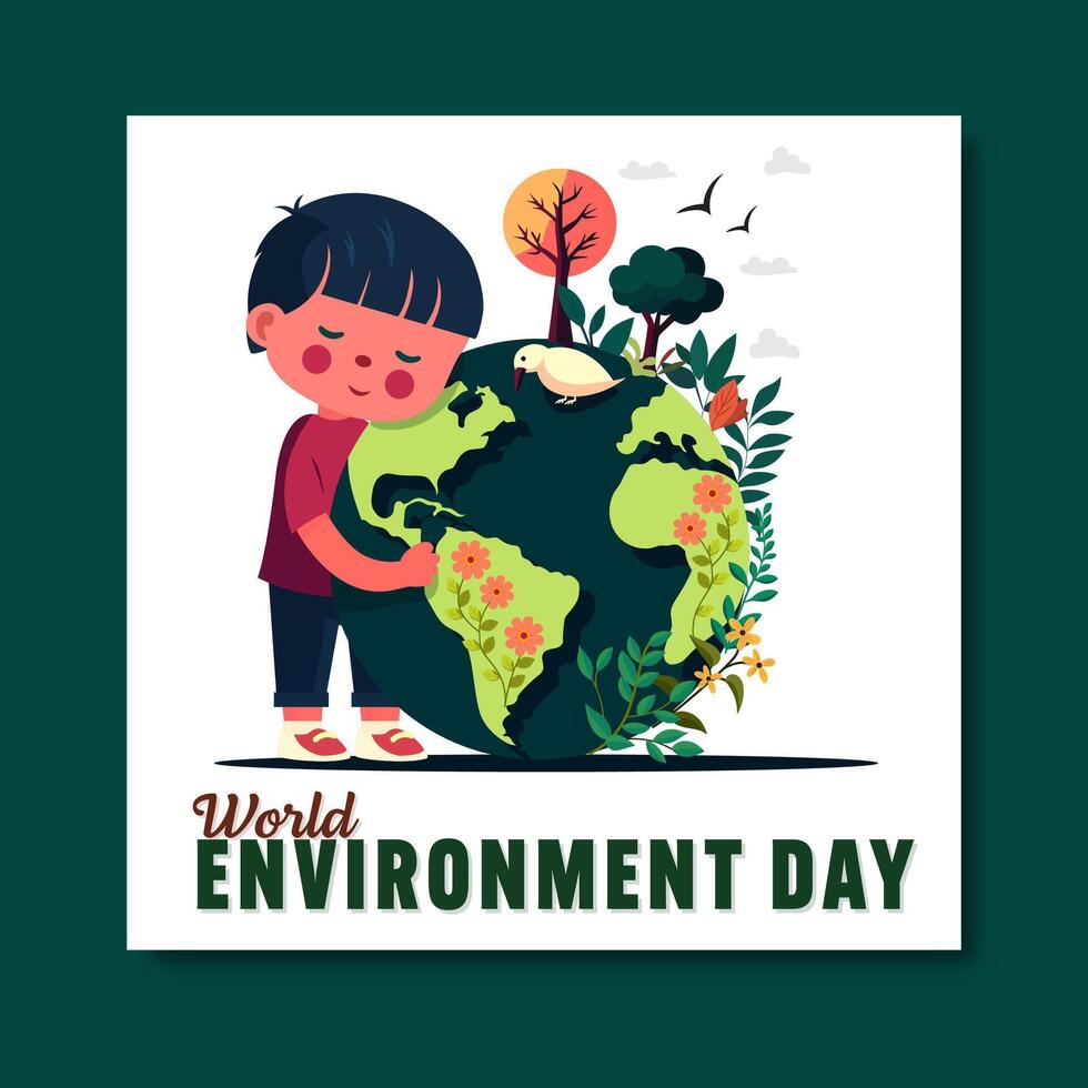 World Environment Day Post with Cute Boy Embracing Earth for Love and Care Concept. vector
