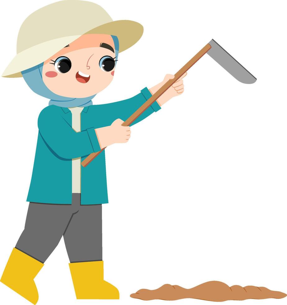 adorable hijab girl hoeing the ground vector