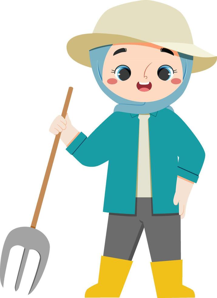 Cute farm girl in Hijab with Pitchfork for Education Kids vector