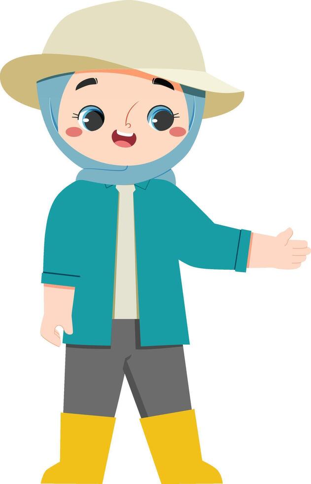 Cute farm girl in hijab explaining about gardening and plant vector