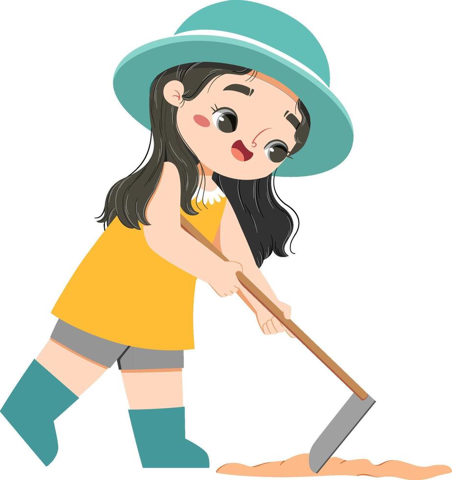 cute asian girl hoeing the ground vector