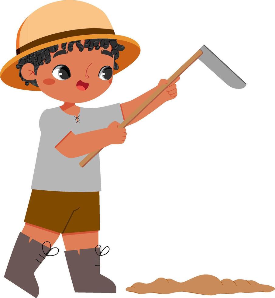 cute african boy hoeing the ground vector