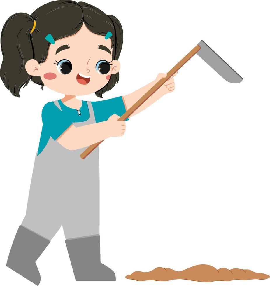 adorable asian farm girl hoeing the ground.eps vector