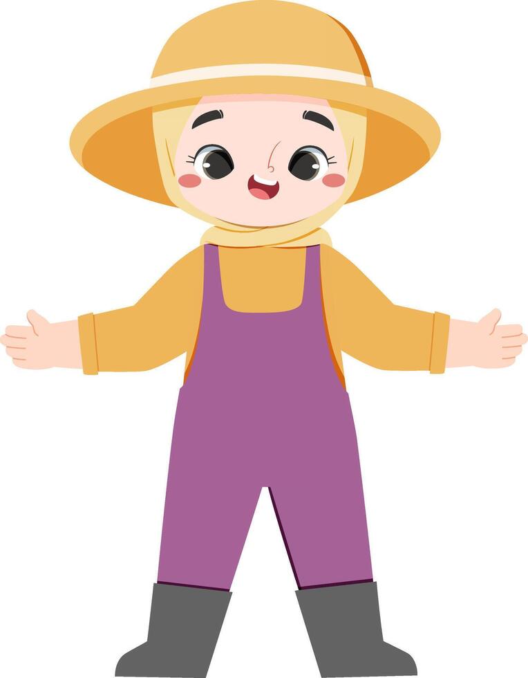 Adorable farm girl in hijab explains about gardening and plant vector
