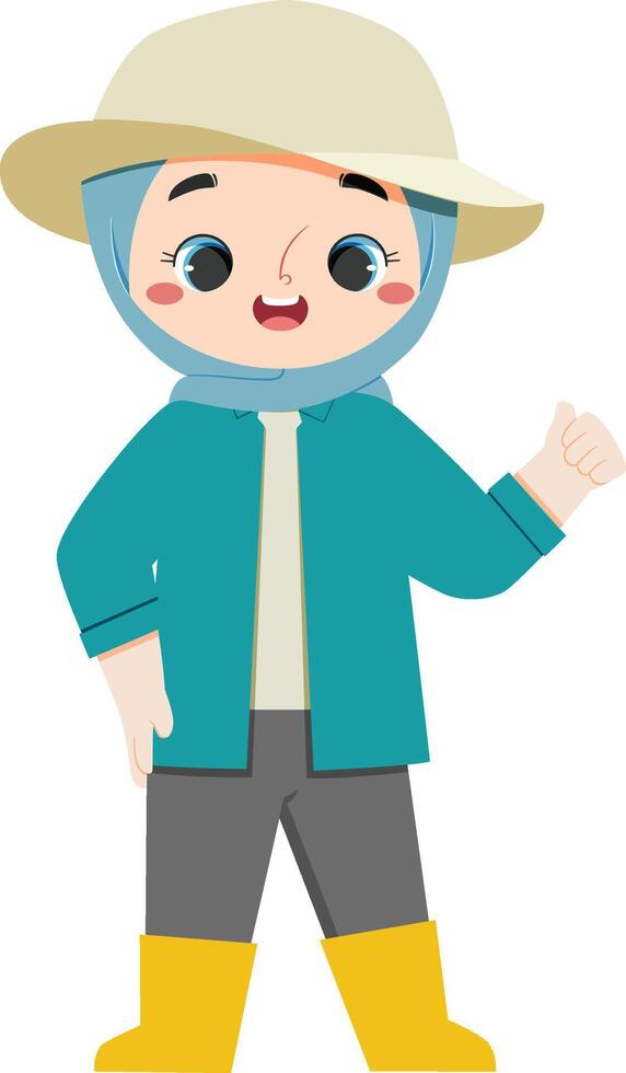 Adorable farm girl in hijab is giving thumb up vector