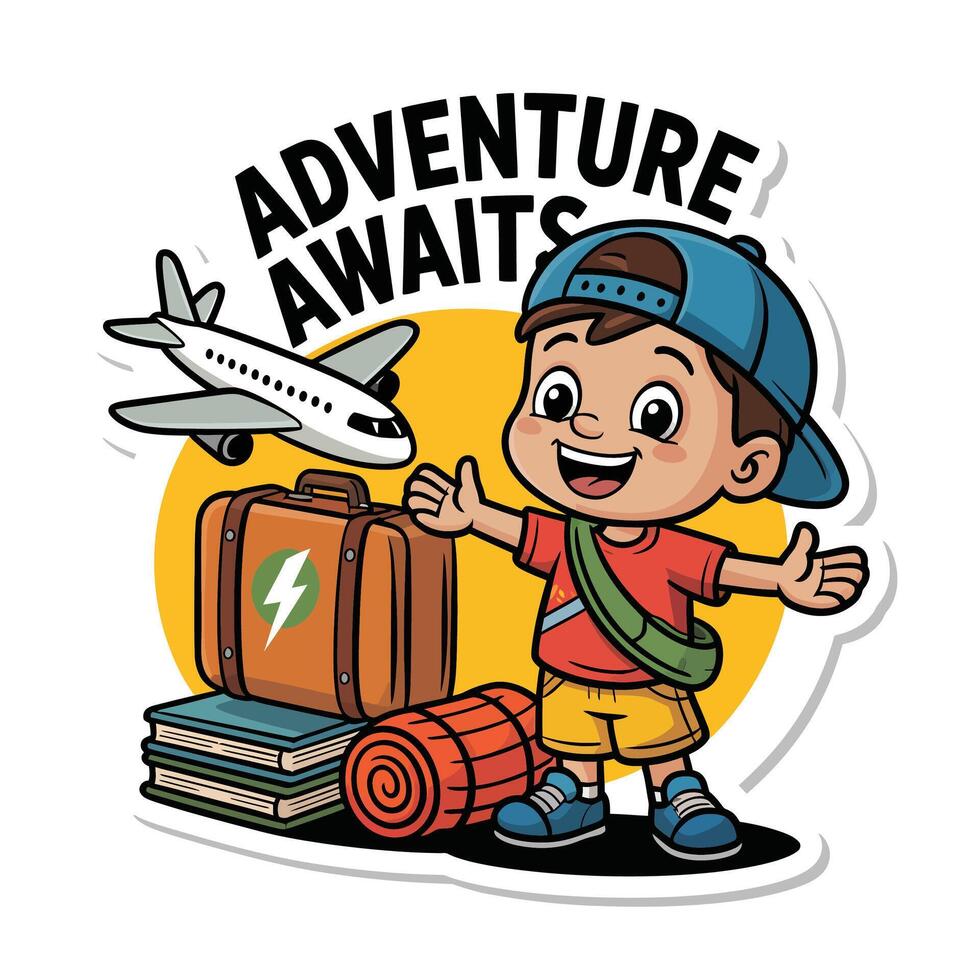 A sticker with a boy holding luggage and an airplane vector