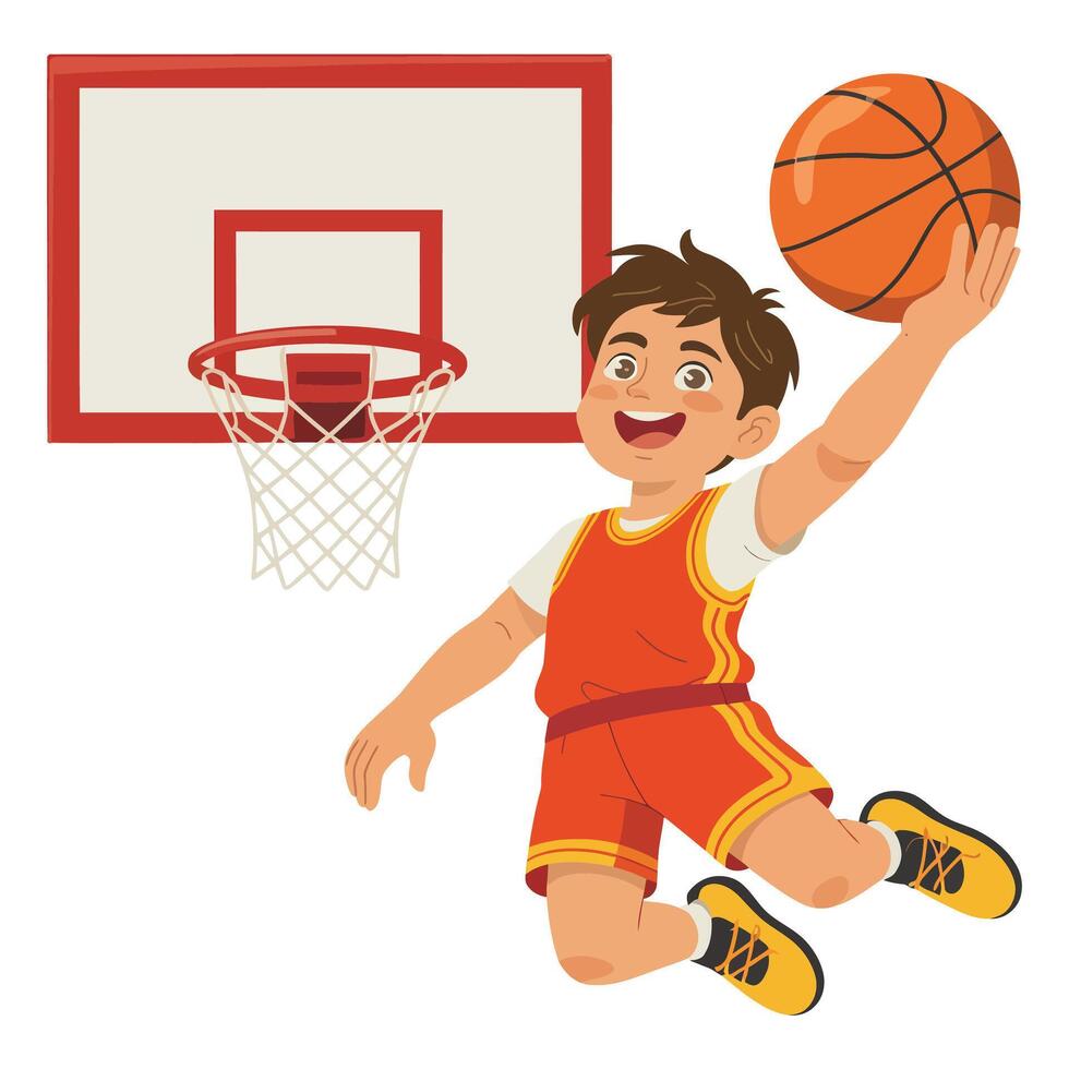 A cartoon boy jumping to dunk a basketball vector