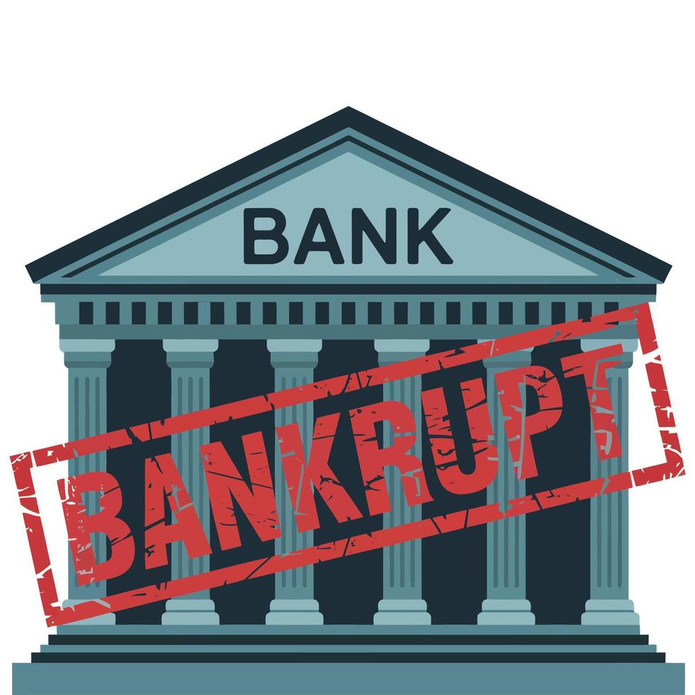 Minimal Bank Building with Red Bankruptcy Label. vector