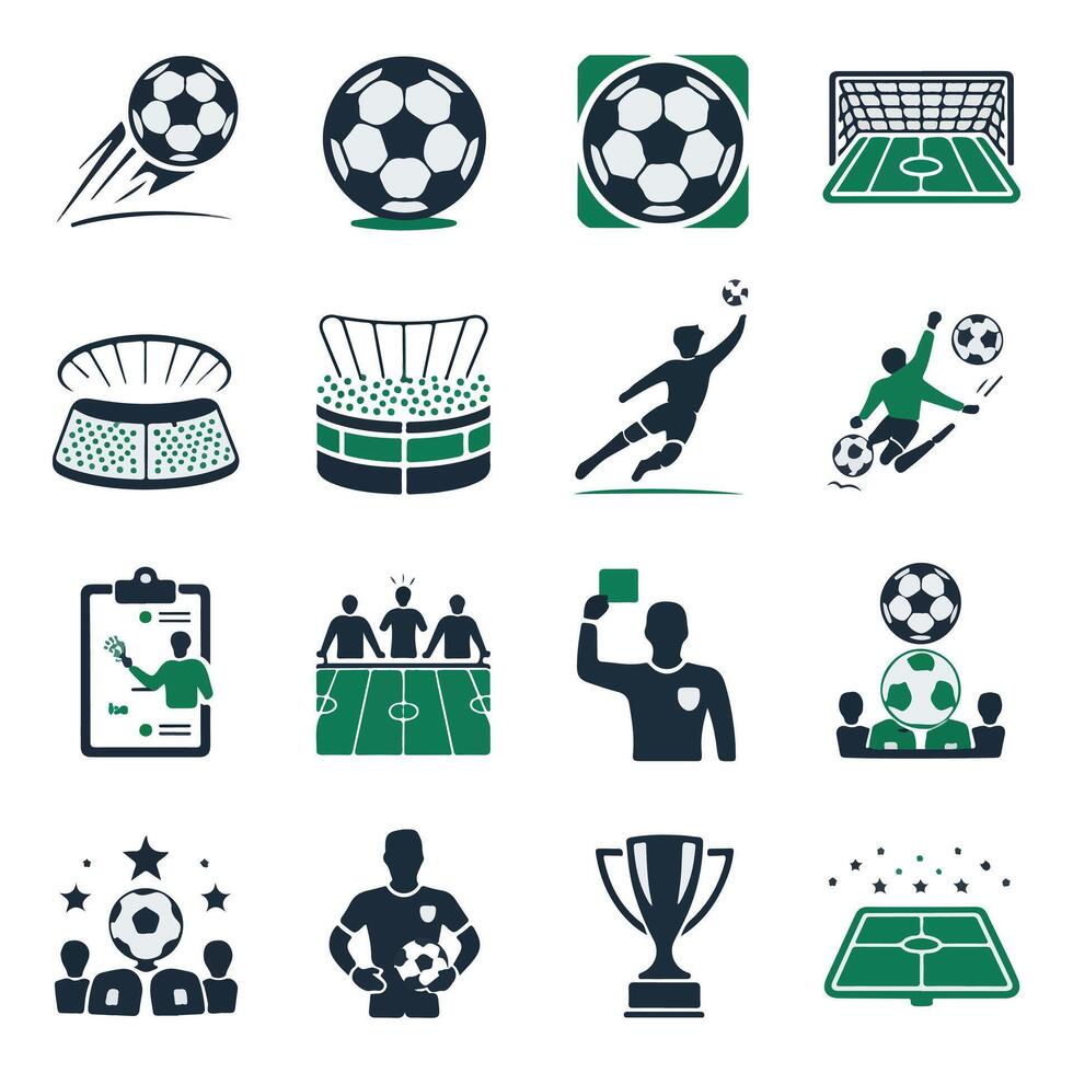 Soccer icons set, including a soccer ball, referee, and other items vector
