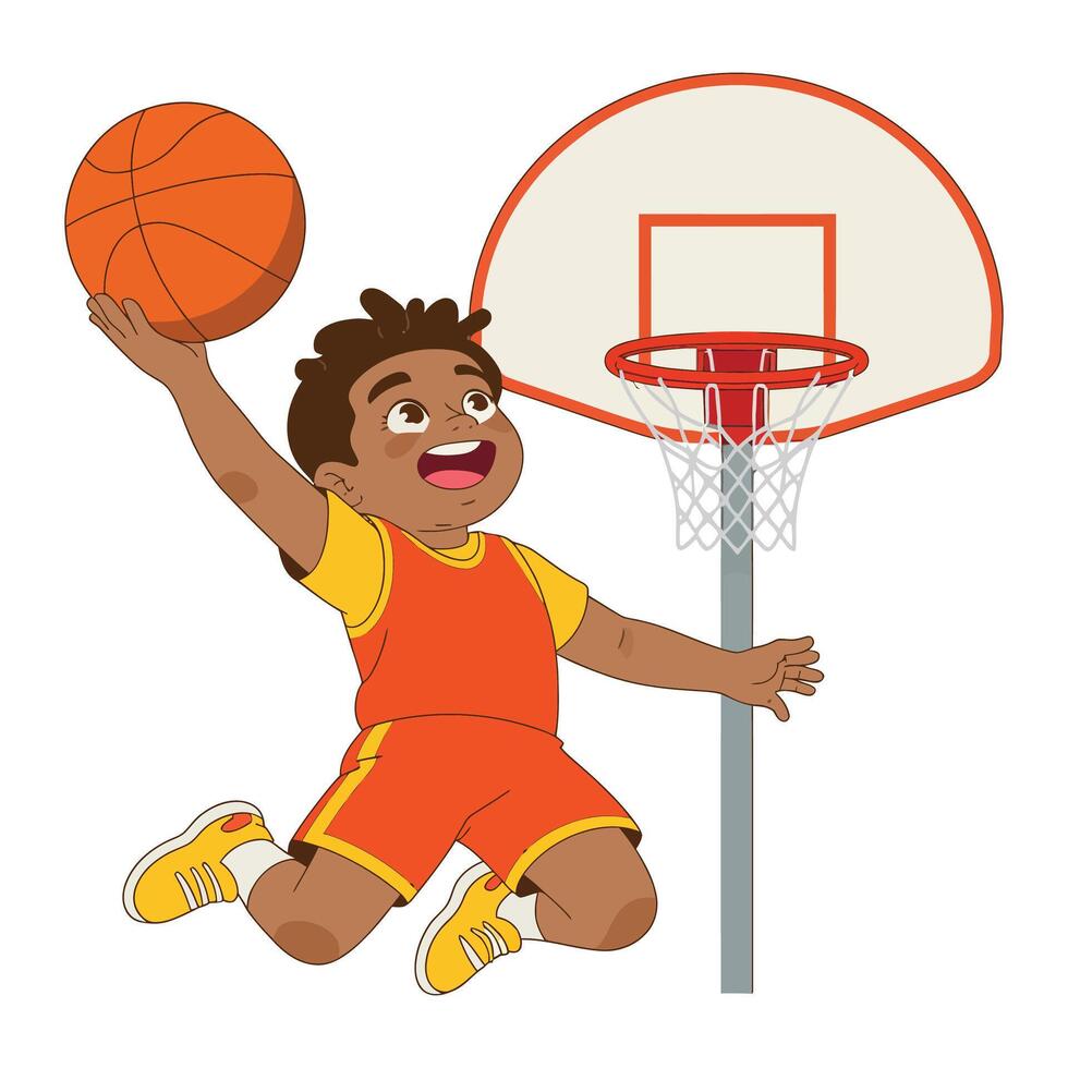 Cute Boy Dunking Basketball Cartoon Design. vector