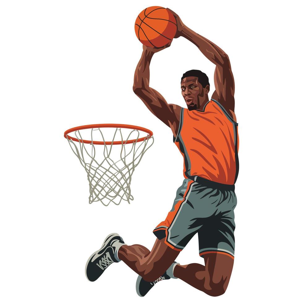 Powerful Mid-Air Dunk with Bold Black Outlines. vector