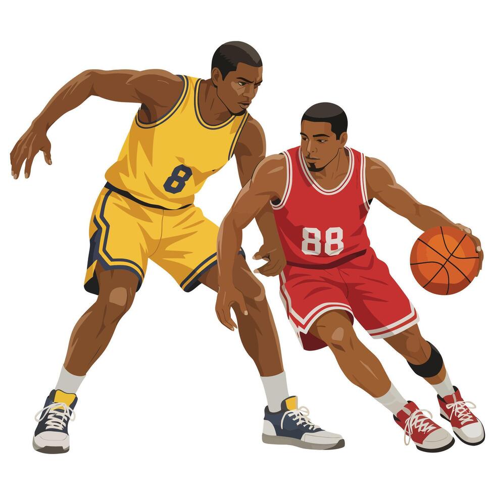 Two basketball players are playing on a white background vector