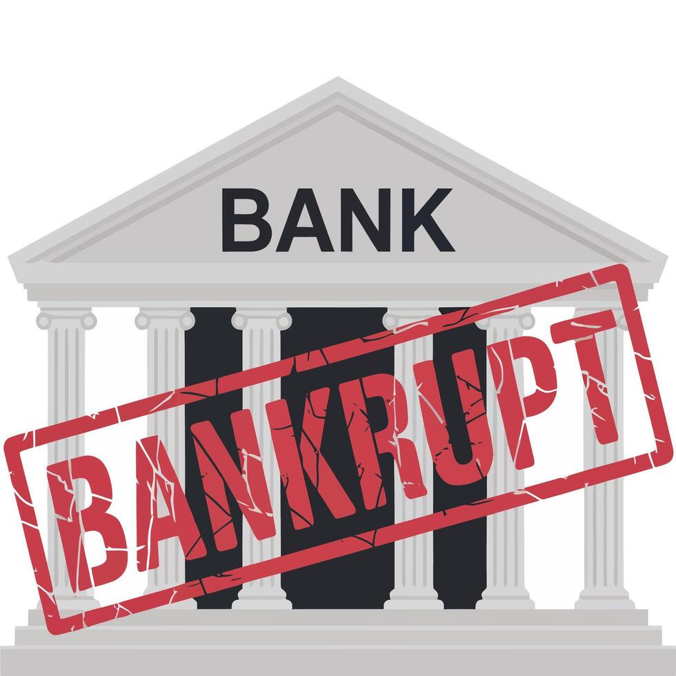 Flat Bank Illustration with Bankrupt Stamp. vector