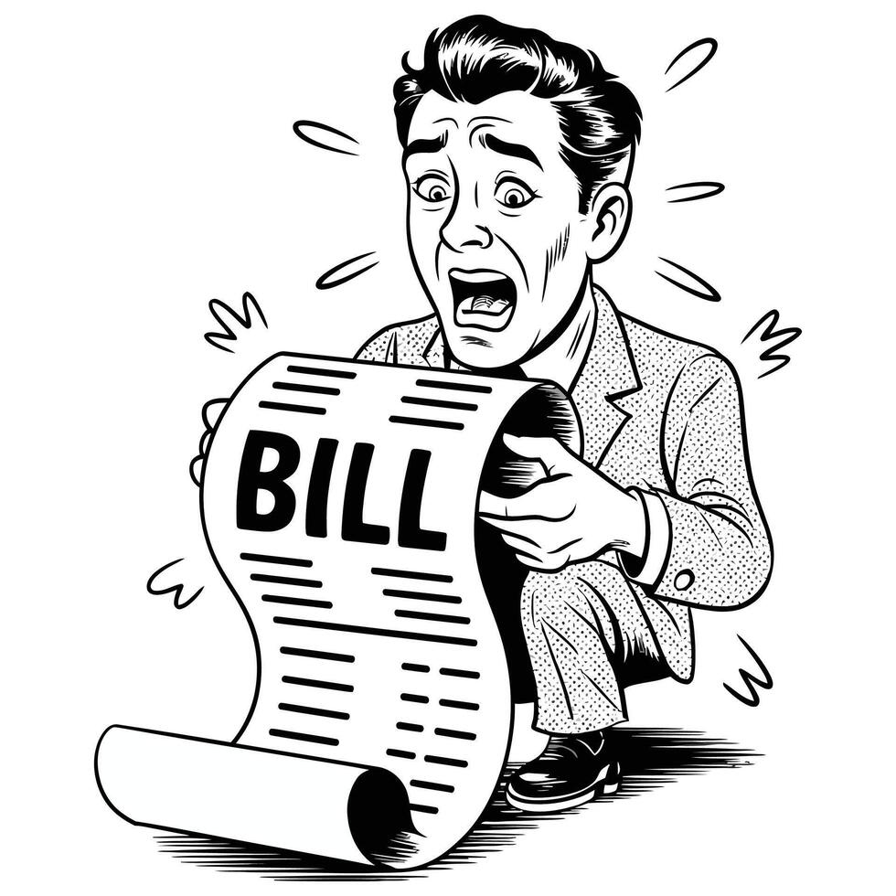 A cartoon man is holding a bill and looking at it vector
