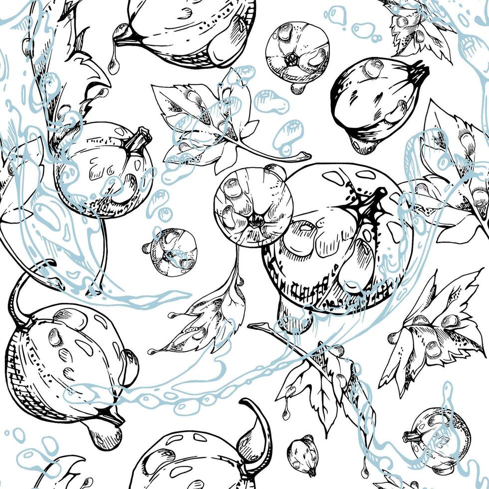 Currant gooseberry flying in water splash with green leaves and dew drops, ripe garden berry juneberry casseille jostaberry. Isolated seamless pattern hand drawn in ink. Fabric, wrapping paper vector
