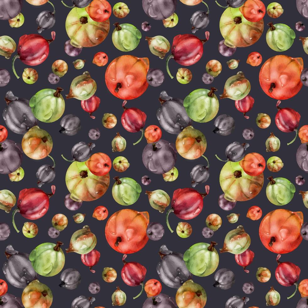 Currant gooseberry, water dew drops, scattered garden berry huckleberry juneberry casseille jostaberry, watercolor hand drawn. Seamless pattern isolated on dark. Background wallpaper, packaging cover vector