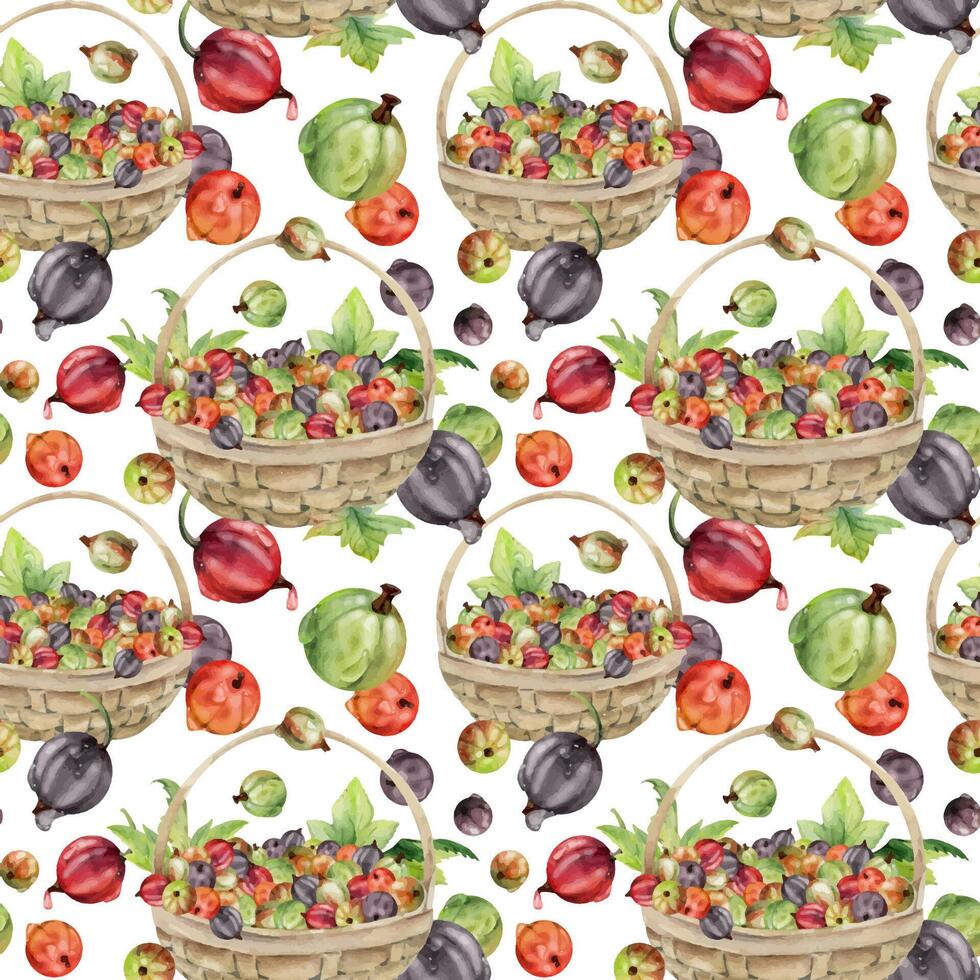 Currant gooseberry in clusters, leaves in weaved basket, ripe picked berry harvest, casseille jostaberry. Isolated seamless pattern, hand drawn in watercolor. Scrapbooking, washi tape, cover design vector