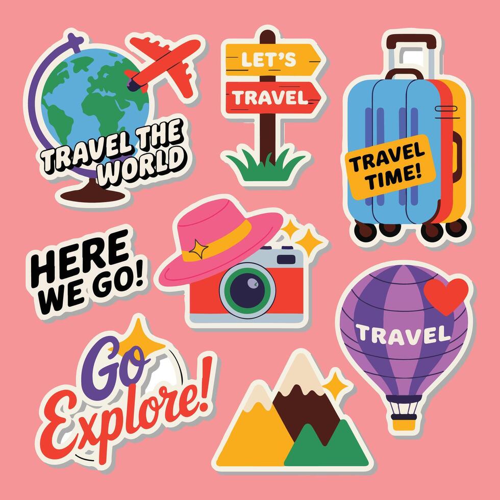 Travel stickers set on pink background vector