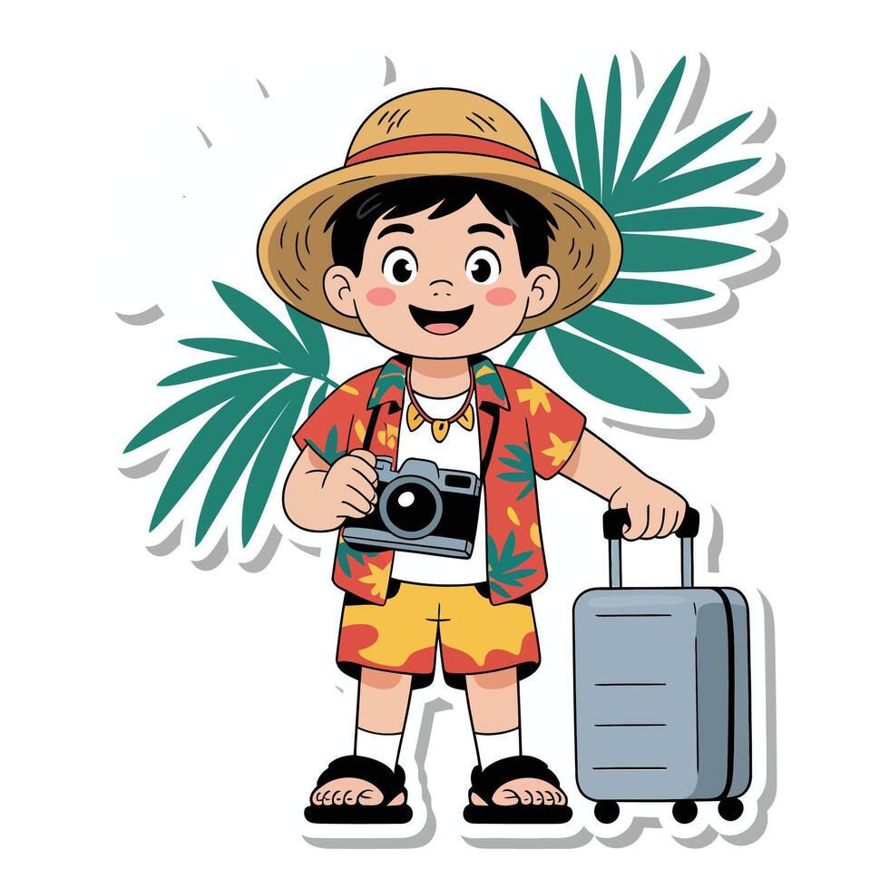 Travel Kid Sticker with Camera and Luggage. vector