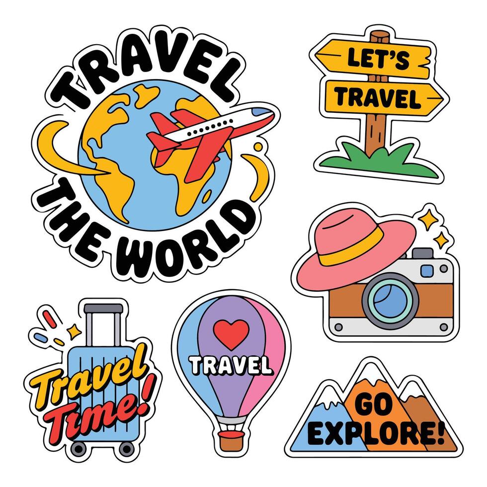 Travel stickers set with the world, travel, and other things. vector