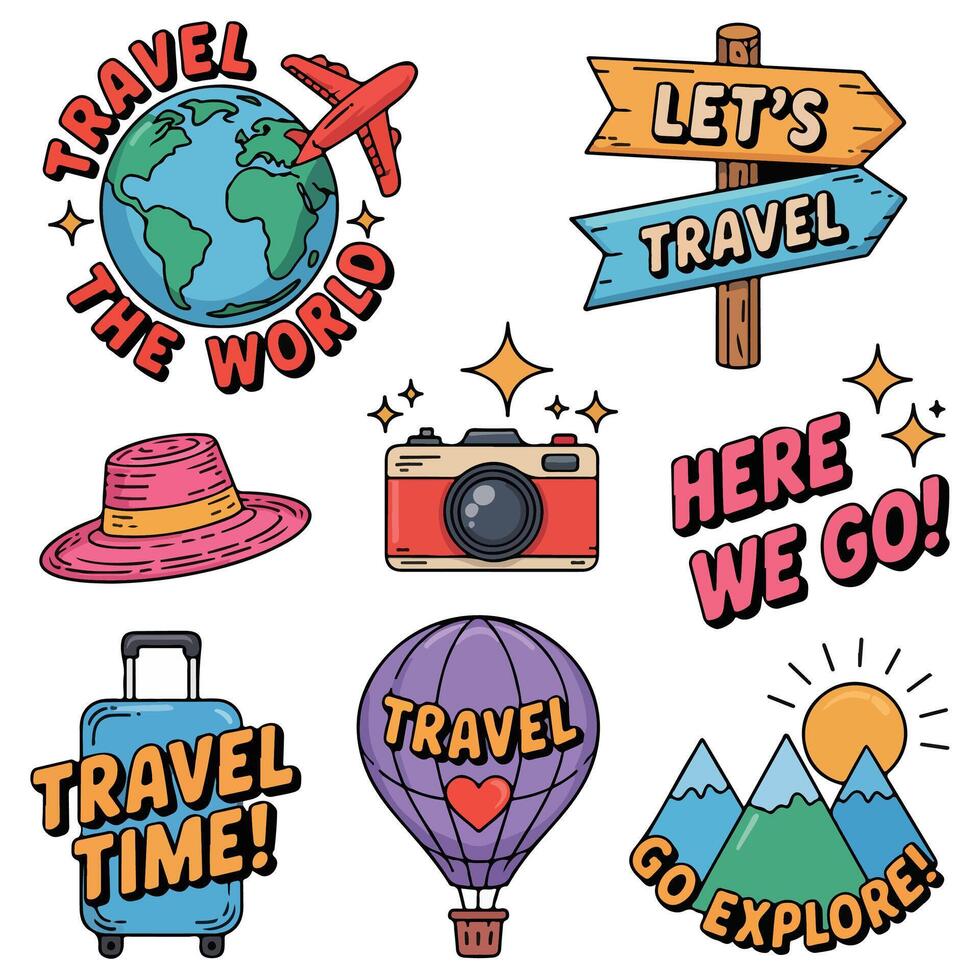 Travel stickers set with a camera, globe, and other items vector