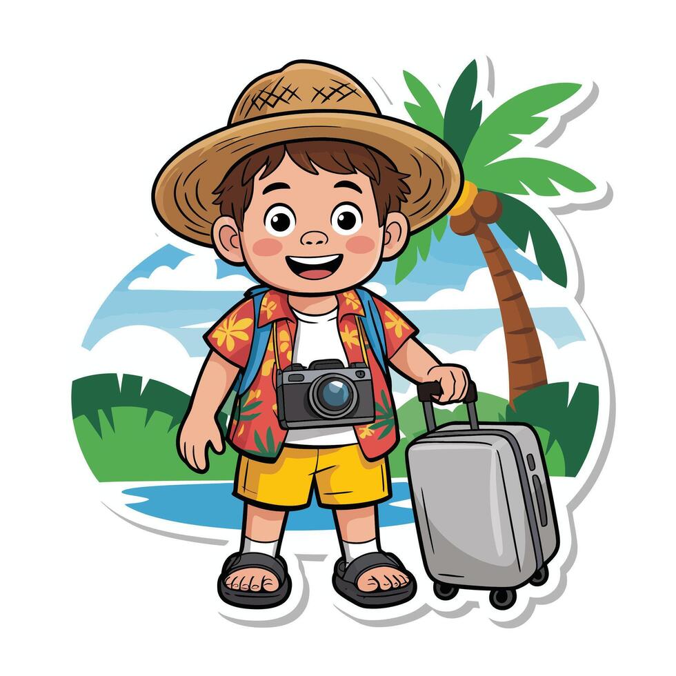 A cartoon boy with a suitcase and hat standing in front of a palm tree vector
