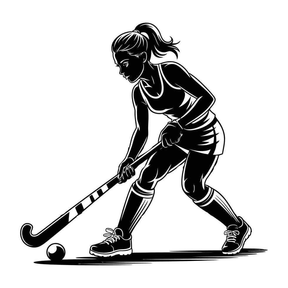A woman playing field hockey with a ball vector