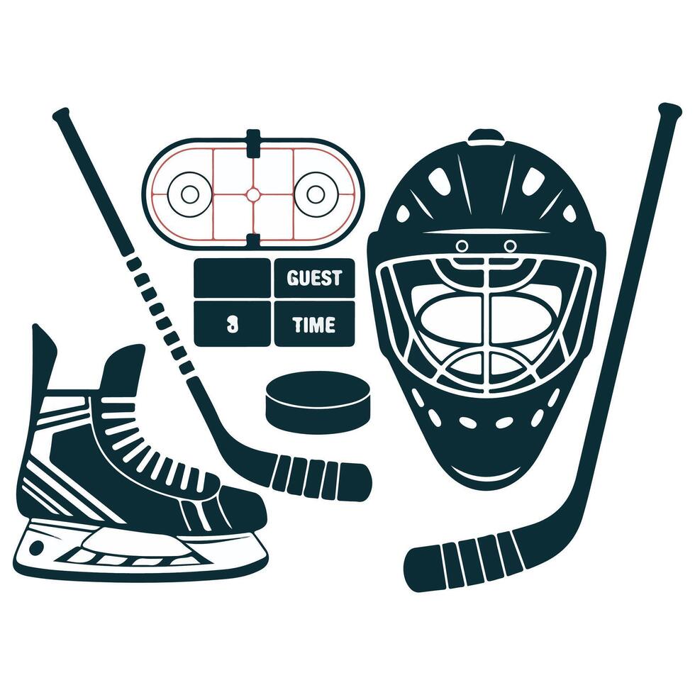 Hockey equipment set with goalie mask, puck, stick and goal vector