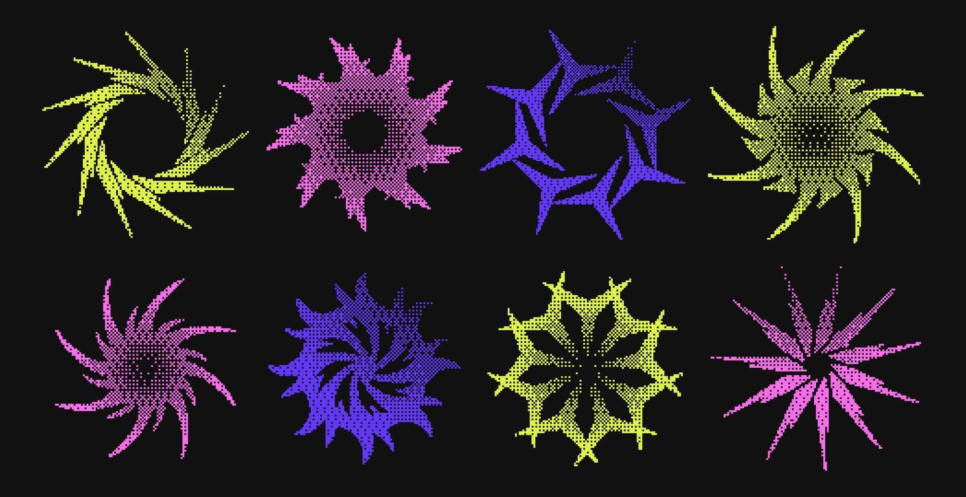 Set of pixelated abstract shapes in neon colors. Futuristic Y2K bitmap cybercore elements. Perfect for digital art, branding, apparel, and edgy design projects. vector