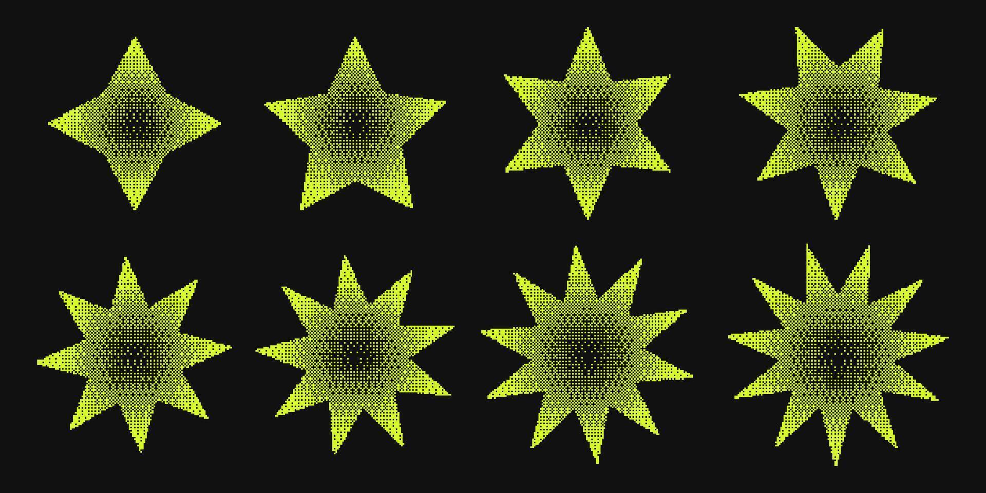 Set of bitmap gradient stars in acid yellow color. Abstract geometric elements with a retro-futuristic vibe, perfect for digital art, posters, backgrounds, and creative projects. vector