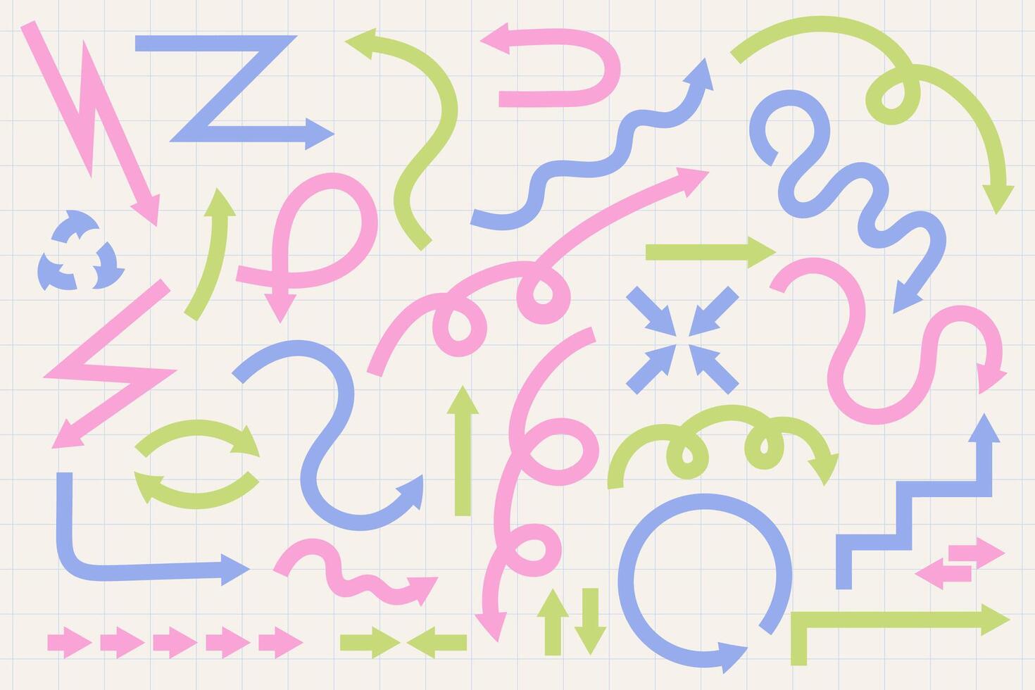 Cute abstract arrow set with curved, wavy, and looping paths on a grid background. Perfect for infographics, presentations, creative design, and navigation concepts in modern style. vector