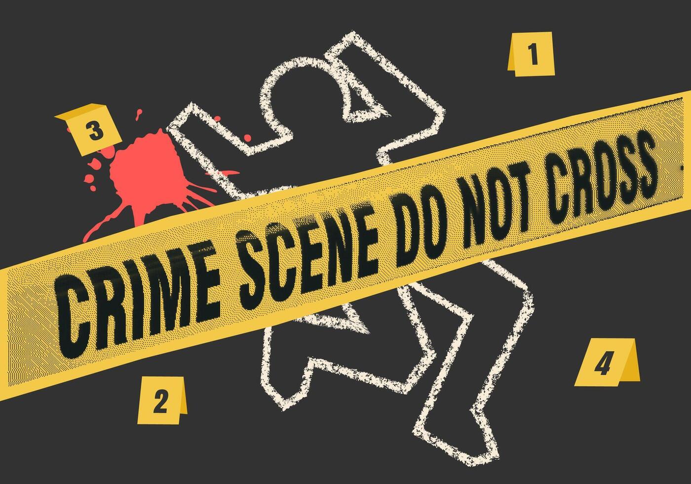 Retro halftone collage of a crime scene with a chalk outline of a body, blood splatter, and a yellow Do Not Cross tape. Ideal for projects related to crime, mystery, and investigation themes. vector