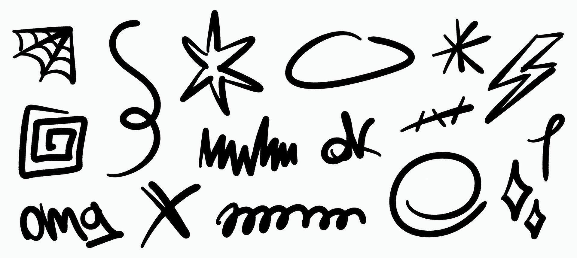 Set of hand drawn graffiti doodles. Includes abstract symbols, scribble, stars, lightning, swirls, and expressive strokes. Perfect for urban design, street art, and social media. vector