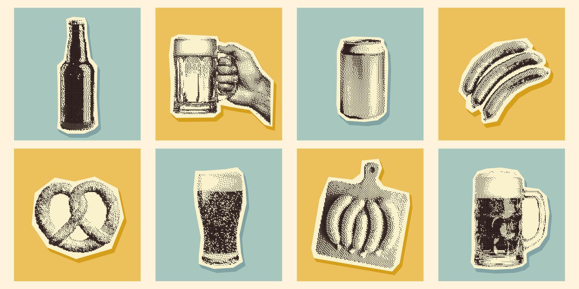 Retro halftone beer elements. Pop art set. Bottles, mugs, can, Bavarian pretzels and sausages. Pixel photocopy effect. Grunge bitmap texture. Perfect for Oktoberfest designs and beer events. vector